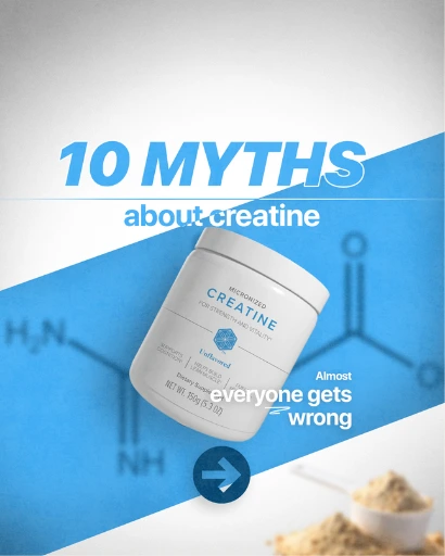 Blue and white carousel cover titled 10 myths about creatine.